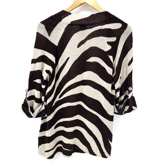 Chico's Sweater Womens Large L Open Cardigan Brown Tan Linen Blend Zebra Knit - Picture 4 of 7